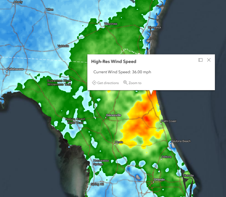 Como parte da Esri Partner Network, o Baron Weather pode Captura de ecrã da velocidade do vento atual